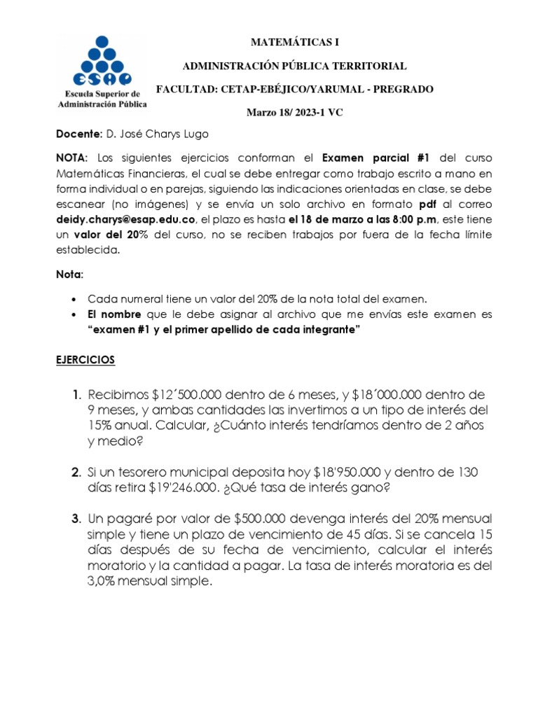 Examen Parcial Matemáticas Financieras | PDF