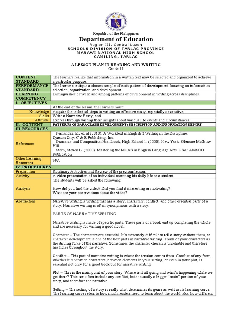 Grade 11 Narrative Writing Lesson Plan | PDF | Learning | Narrative