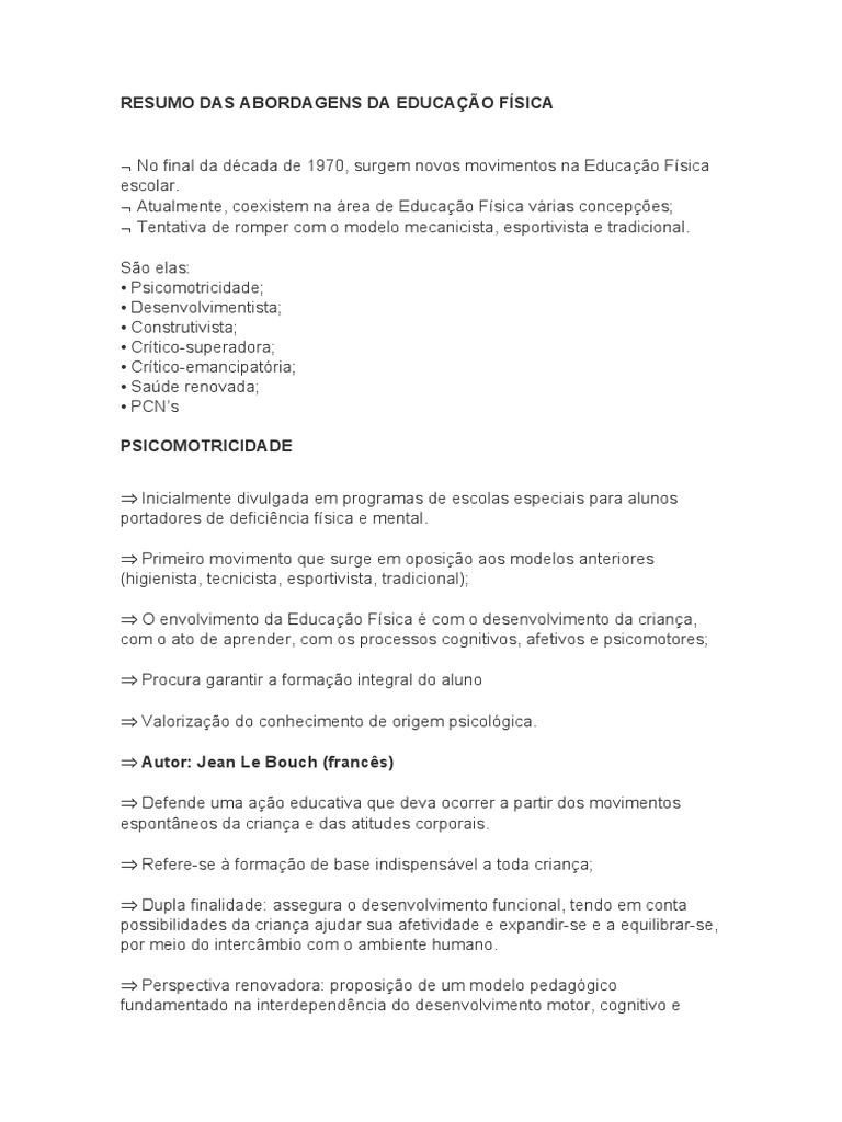 Resumo das Abordagens da Educação Física | PDF | Aprendizado | Pedagogia