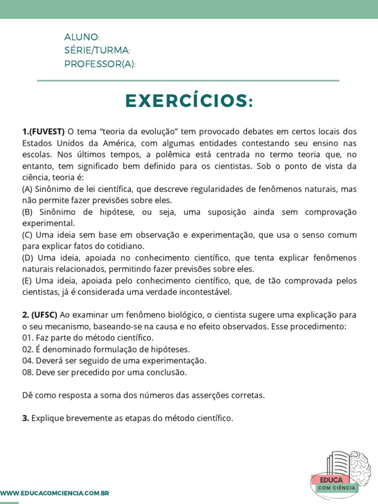 Metodo Cientifico Exercicios Aluno | PDF