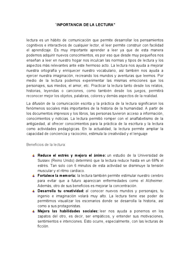 Importancia de la Lectura en la Vida | PDF | Creatividad | Aprendizaje