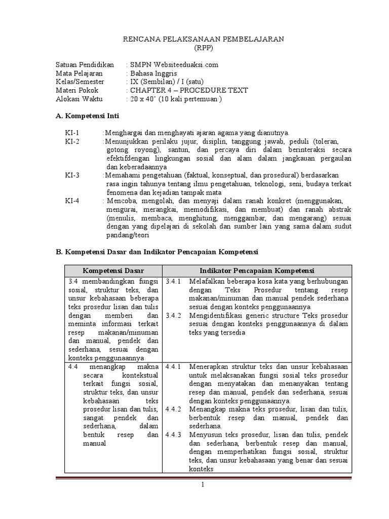 Rpp Bahasa Inggris Procedure Text