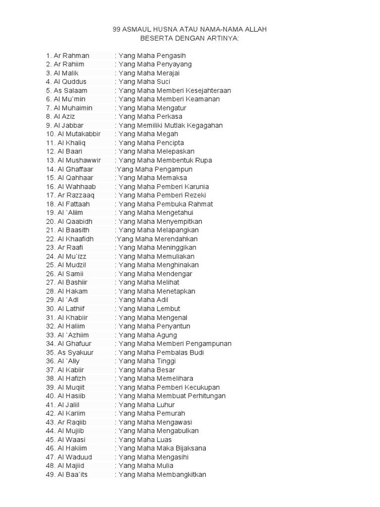 99 Asmaul Husna Atau Nama | PDF
