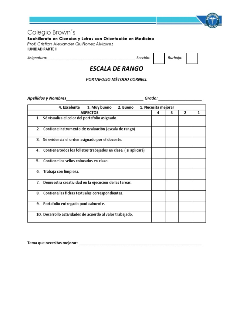 Escala de Rango de Portafolio Final de Bimestre | PDF