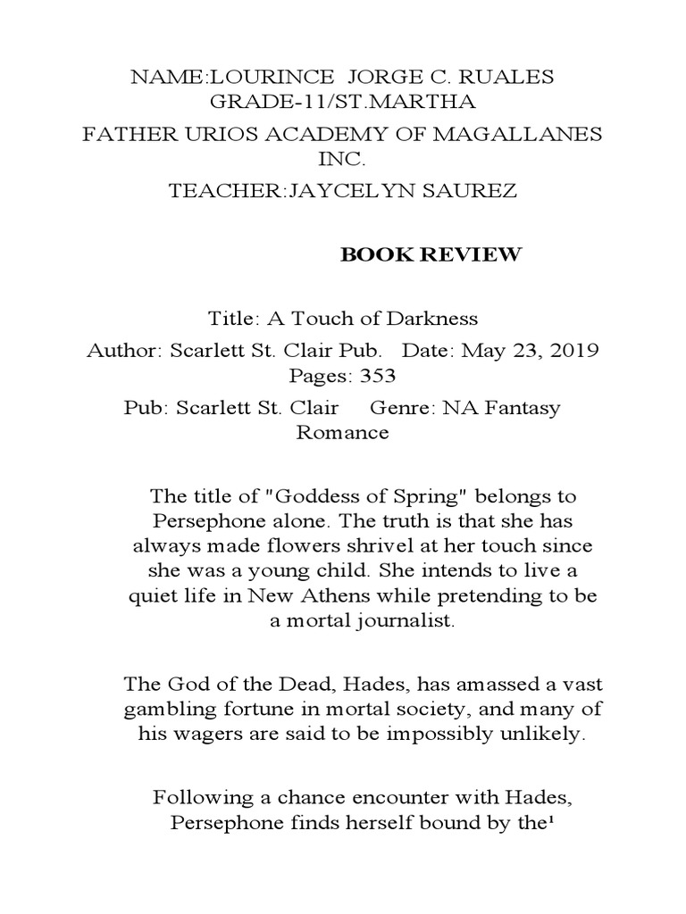 A Touch of Darkness Book Review PDF Hades Persephone