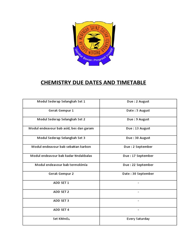 Chemistry Due Dates and Timetable PDF