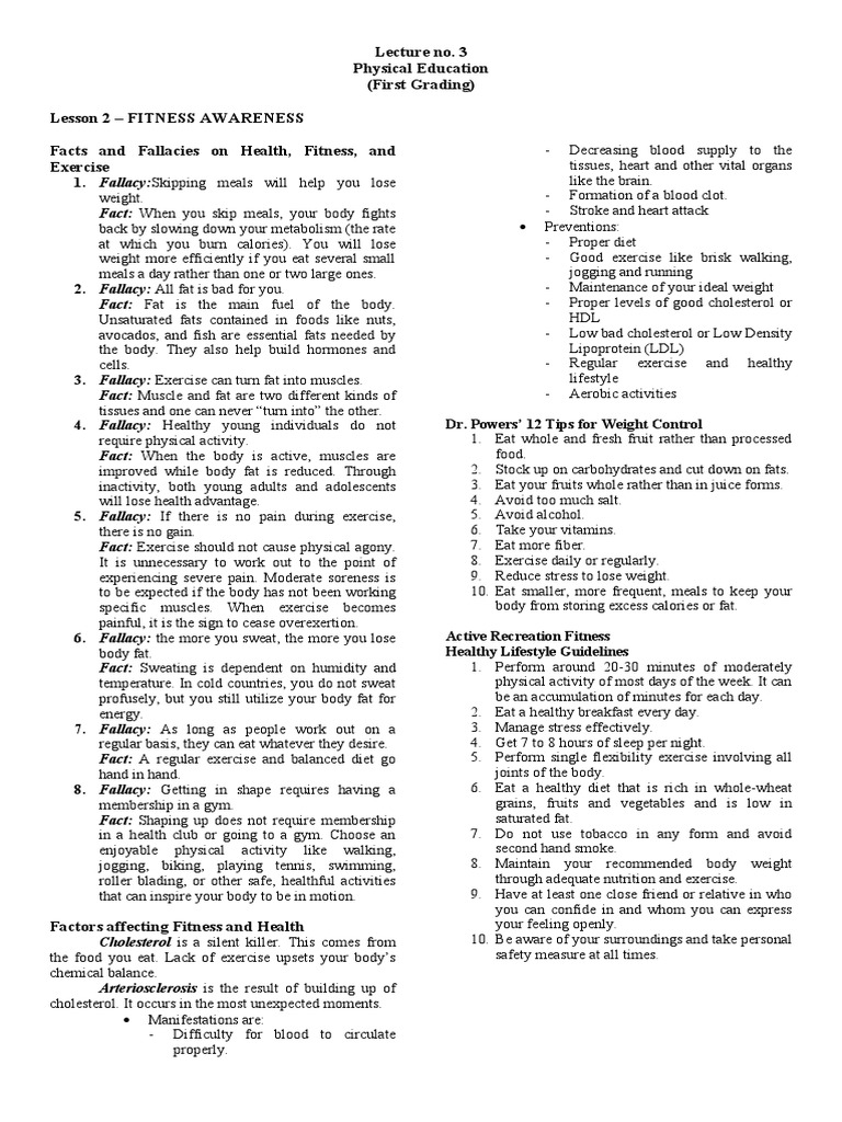 Lesson 2 Fitness Awareness 1 Pdf Fat Physical Fitness