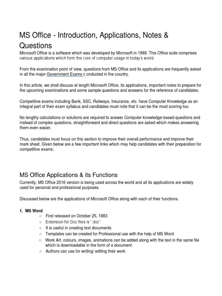 MS Office - Apps, Functions & Exam Questions | PDF | Microsoft Office ...