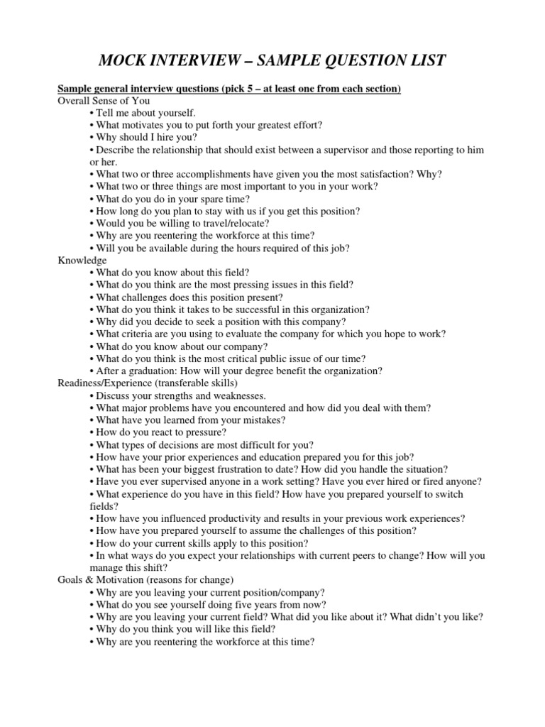 Mock Interview Sample Questions | PDF | Motivation | Motivational