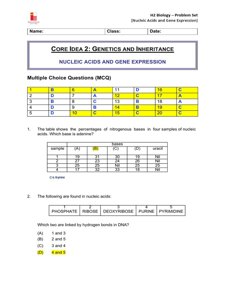 Multiple Choice and Structured Questions on Nucleic Acids and Gene