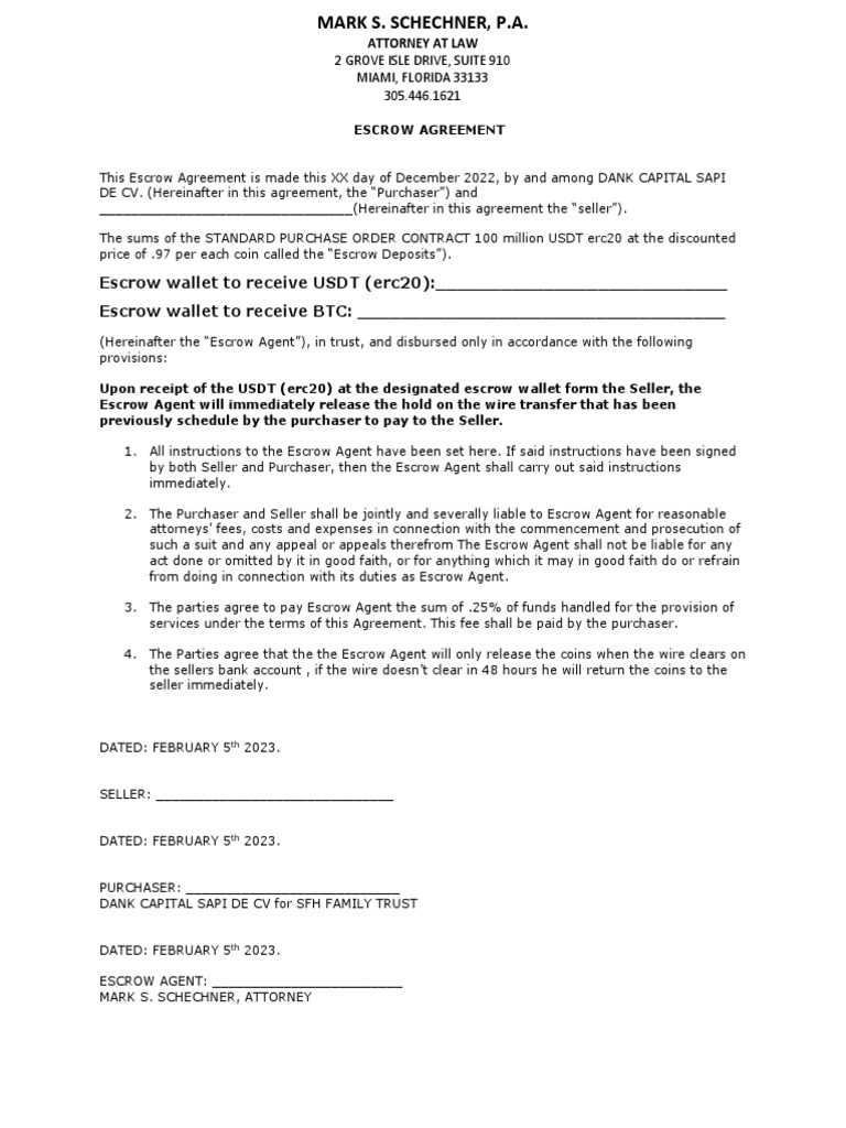 USDT Escrow Agreement for SFH Trust | PDF | Money | Economies