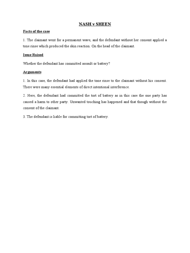 Nash v Sheen: Battery Case Summary | PDF | Law