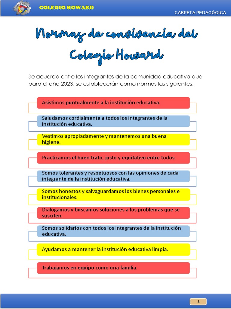 Normas de convivencia 2023 en el colegio | PDF