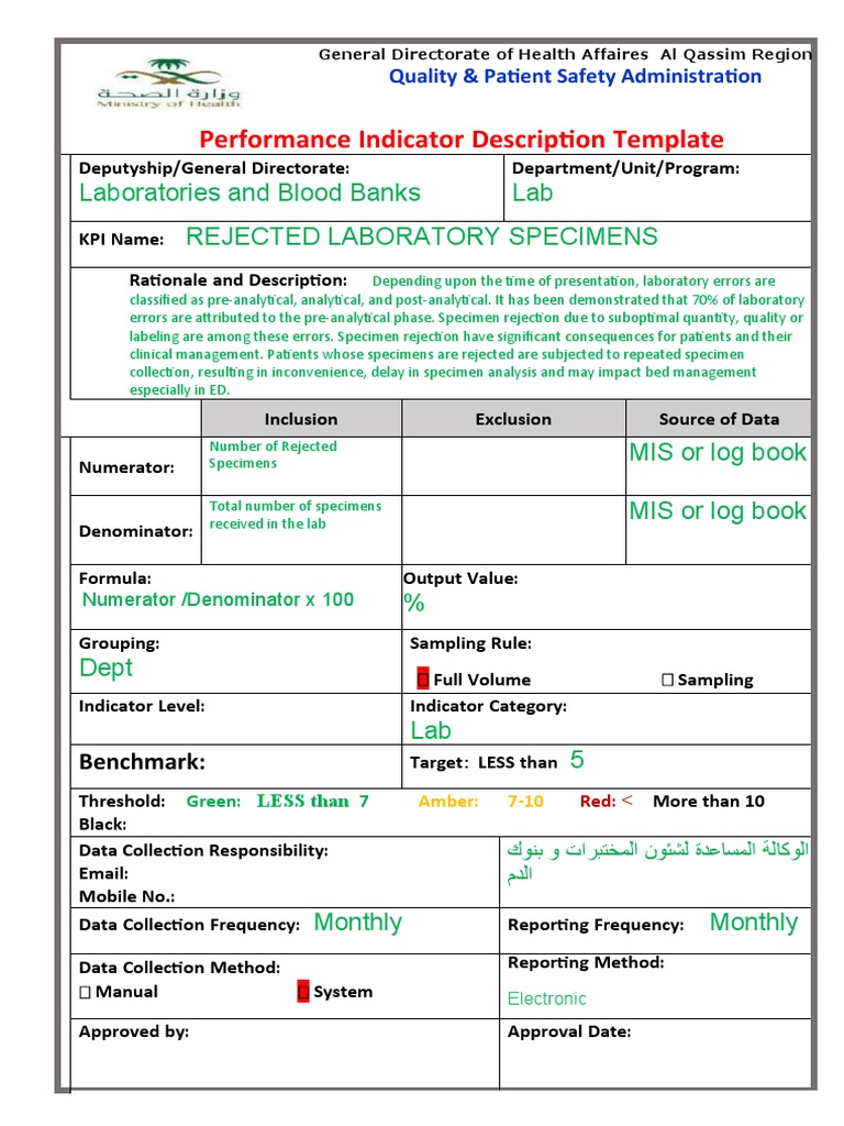 Rejected Lab Specimen Rate PDF Performance Indicator Patient Safety