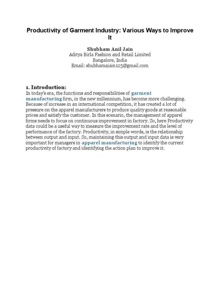 Maximizing Productivity In The Garment Industry An Analysis Of Various