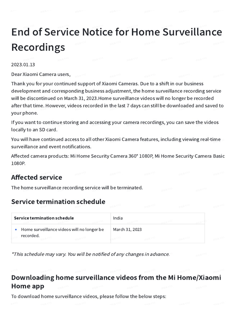End of Home Surveillance Recording Service Notice from Xiaomi Camera March 31, 2023 PDF