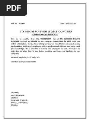Experience Certificate