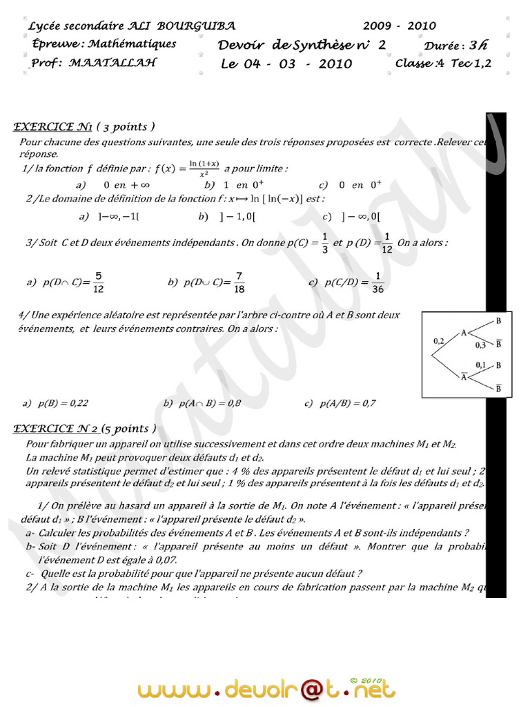Devoir de Mathématiques Bac 2010 | PDF | Physique mathématique ...