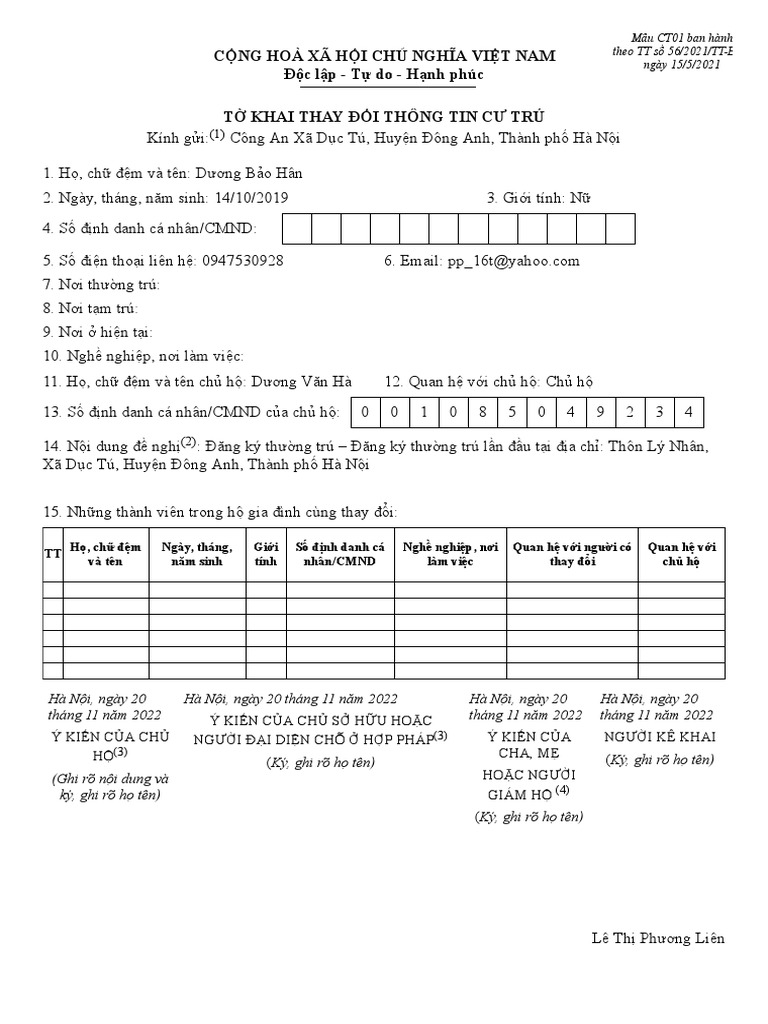To Khai Thay Doi Thong Tin Cu Tru | PDF