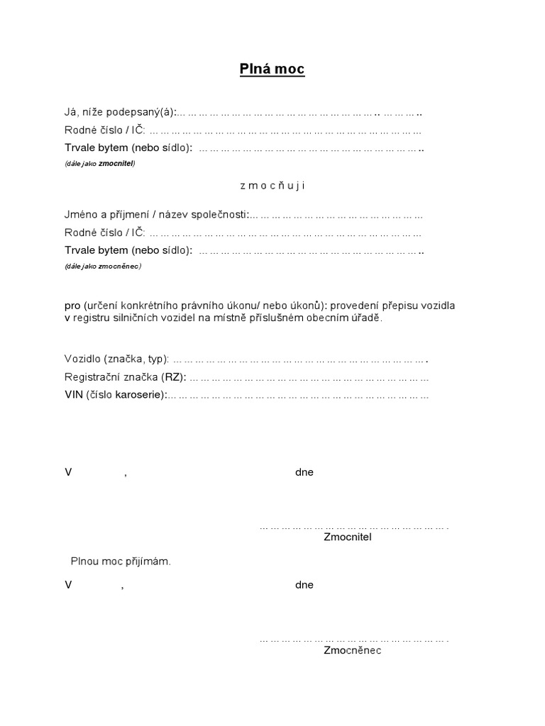 Plna moc prevod vozidla 2021 vzor pdf