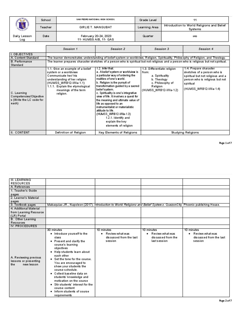 World Religions Lesson Plan for Grade 11 | PDF | Learning | Spirituality