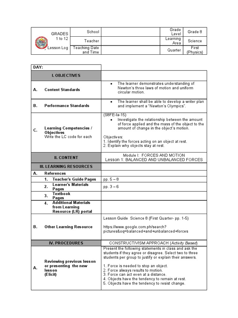 Grade 8 Science Daily Lesson Plan on Forces and Motion PDF Force Mass