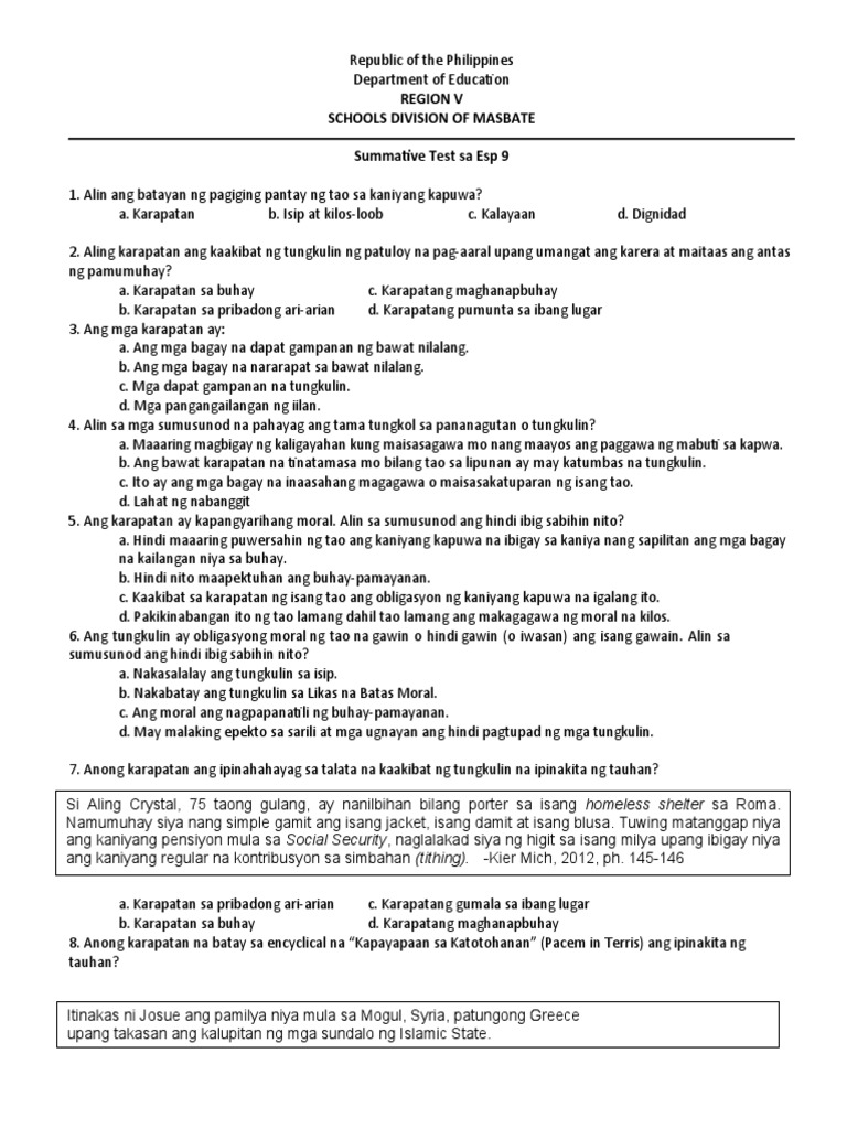 Esp 9 Summ Test 2nd Qrtr. | PDF