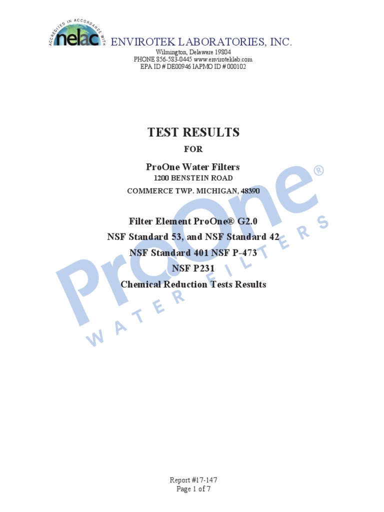Test Results for ProOne Water Filters Volatile Organic Compounds