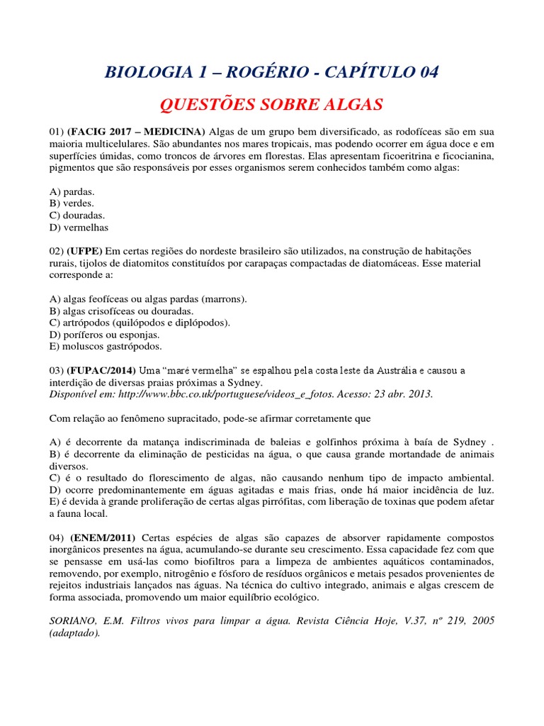 Questões sobre Algas e Protozoários | PDF | Algas | Plantas