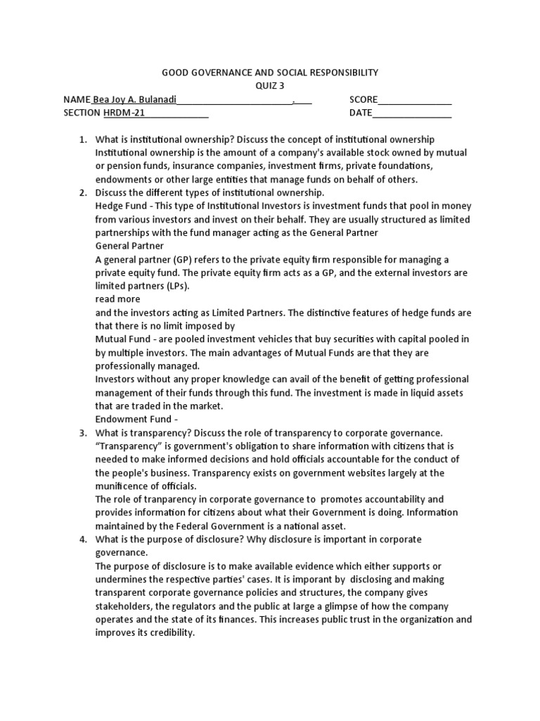 GGSR-Quiz 3 | PDF | Internal Control | Investment Fund