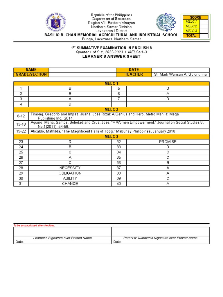 English 8 Quarter 1 Summative Test Key | PDF | Philippines | Southeast Asia