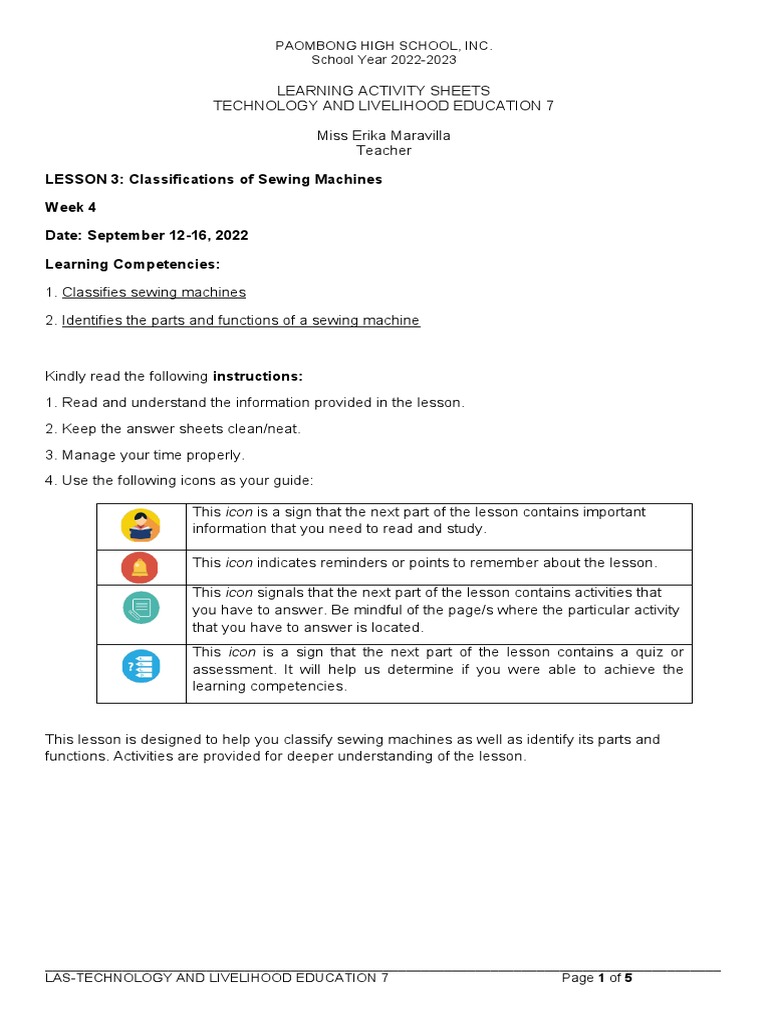 k2h8831pd LESSON 2 Classifications of Sewing Machines PDF Sewing Machine Clothing