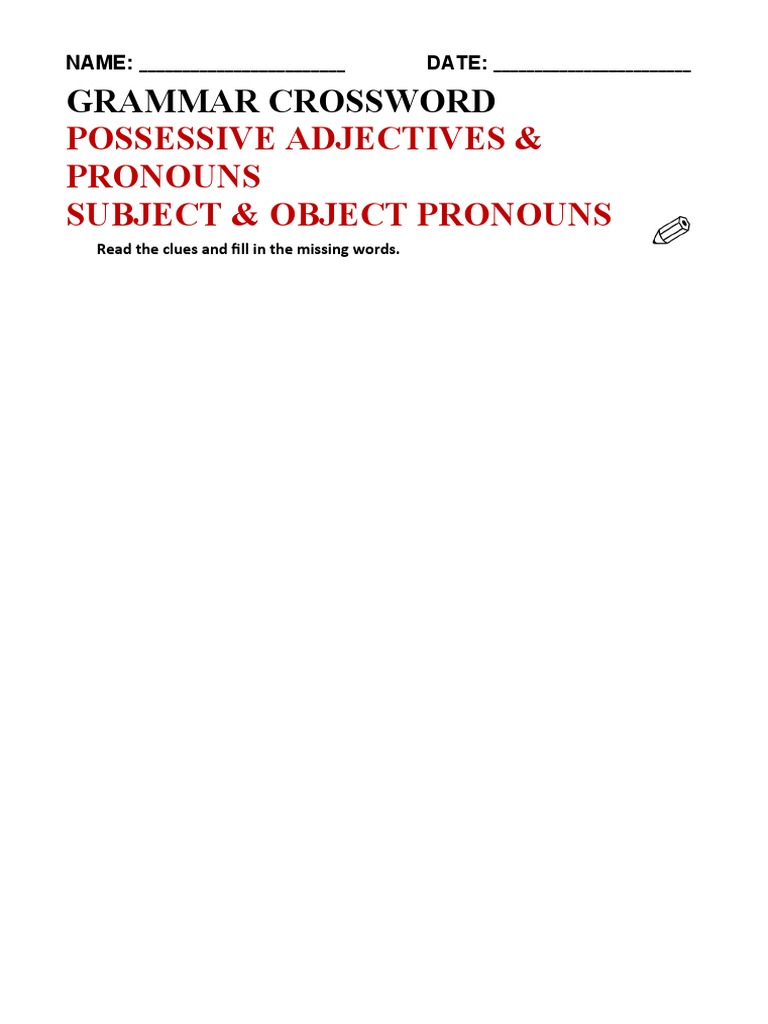 Grammar Crossword Possessive Adjectives Pronouns Subject Object Grammar Crossword Possessive Adjectives Pronouns Subject Object
