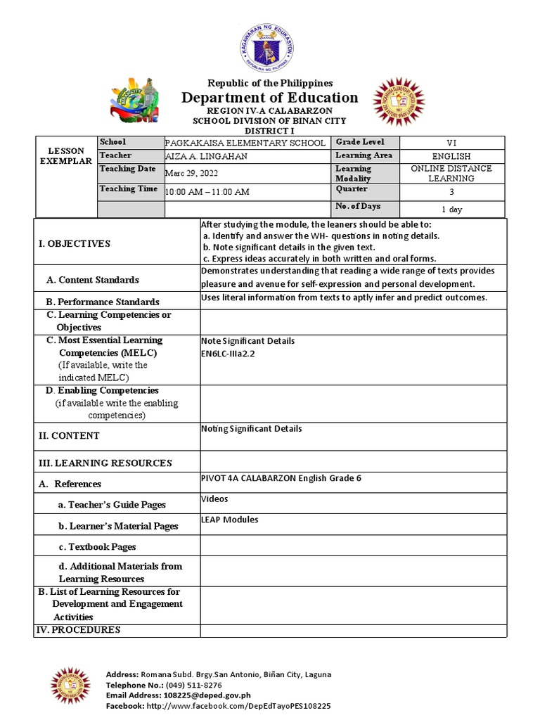 Grade 6 English Lesson Plan: Noting Details | PDF | Reading ...