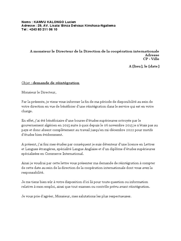 Demande de réintégration après disponibilité | PDF