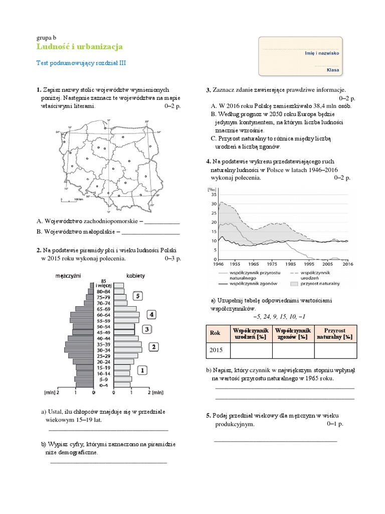 Sprawdzian Z Geografii Klasa 7 Ludność I Urbanizacja W Polsce J. Bednarczyk geografia Klasa VII B ludność i urbanizacja - test.pdf | PDF
