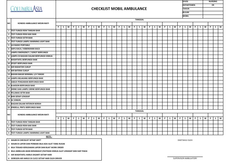 Checklist Mobil Ambulance Harian | PDF