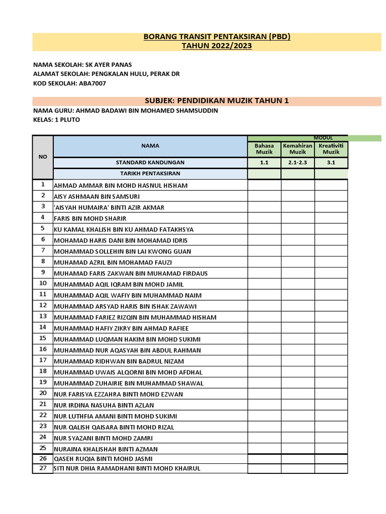 REKOD TRANSIT MUZIK THN 1 (Keseluruhan) | PDF