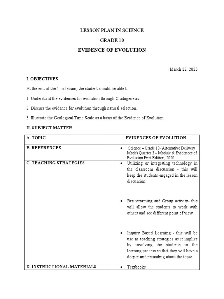 Grade 10 Evidence of Evolution Lesson Plan | PDF | Evolution | Biology