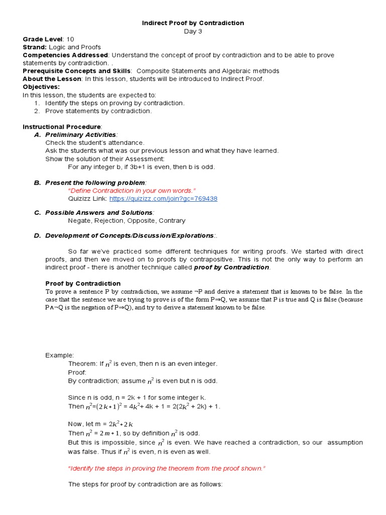 Lesson Plan G10 Day 3 Indirect Proof by Contradiction | PDF ...