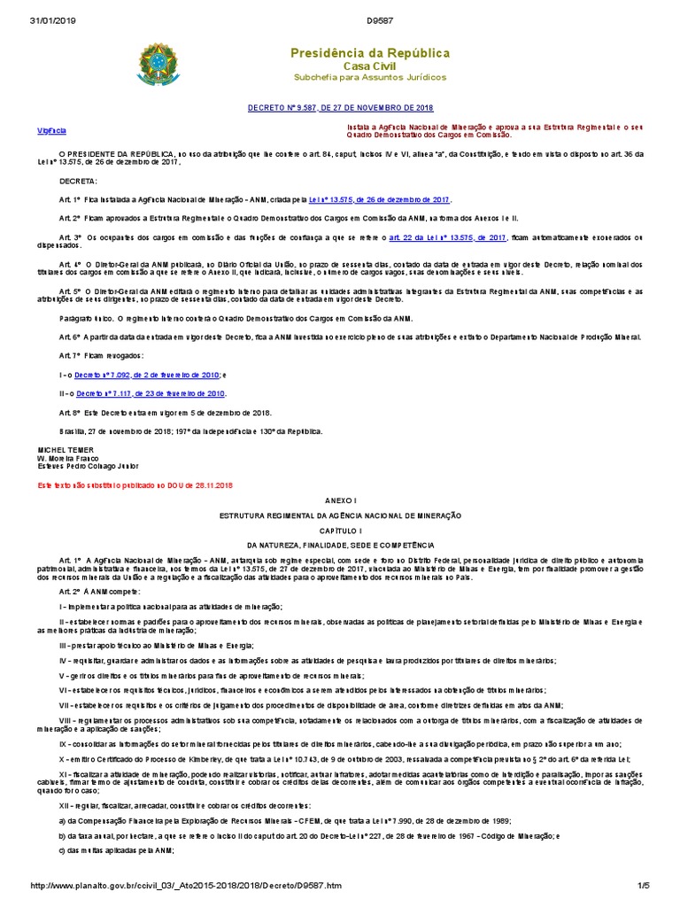 Criação Da ANM - Decreto 9587 de 2018 - Instalação Da ANM | PDF