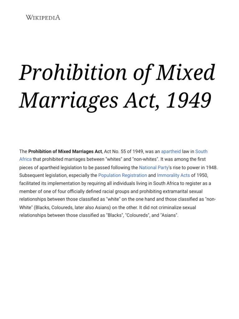 essay about prohibition of mixed marriages act