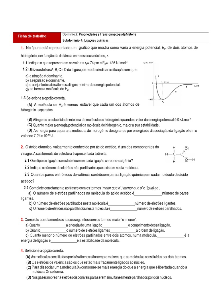 Exercicios Ligacao Quimica 1 | PDF | Ligação química | Moléculas