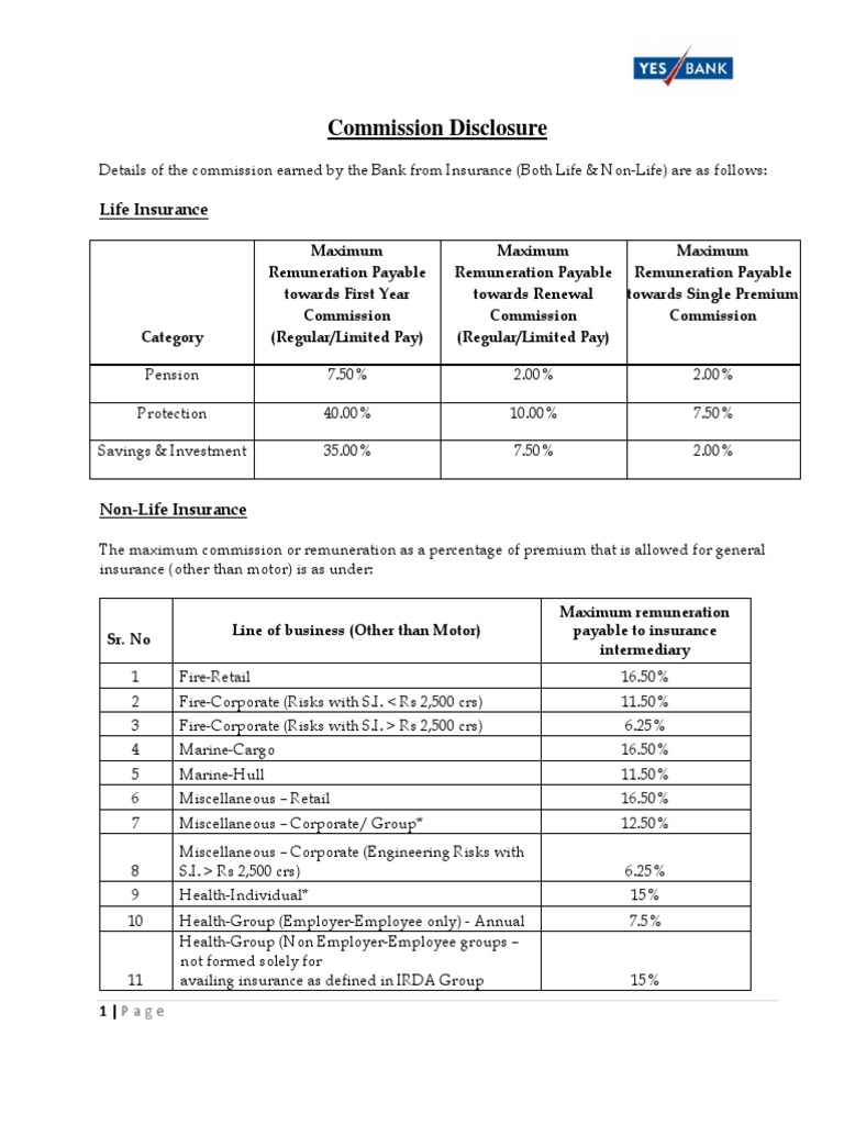 Yes Bank Life Insurance Commission Disclosure PDF | PDF | Insurance ...