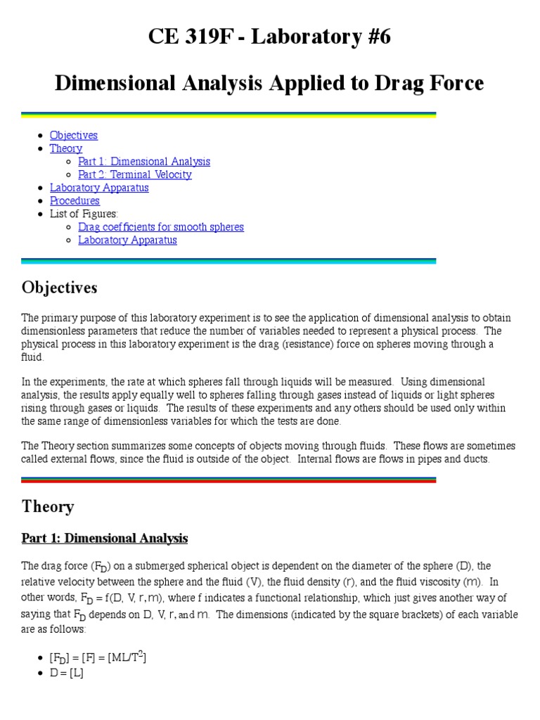 Dimensional Analysis Handout PDF PDF Fluid Dynamics Drag (Physics)