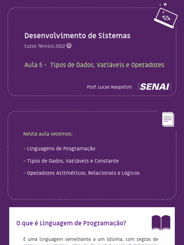 Aula 05 - Tipos de Dados, Variáveis e Operadores | PDF | Tipo de dados ...