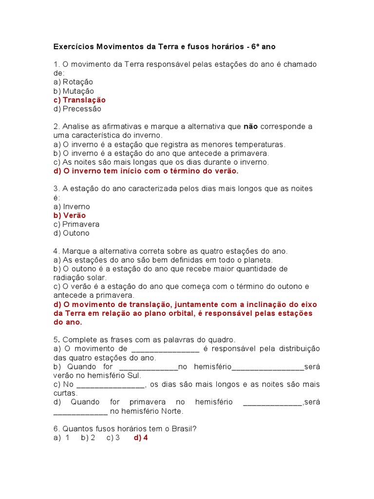 Exercícios sobre Movimentos da Terra e Fusos | PDF