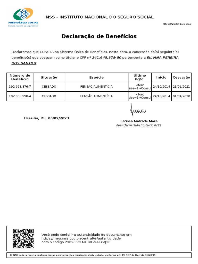 Declaração de Benefícios INSS 2023 | PDF