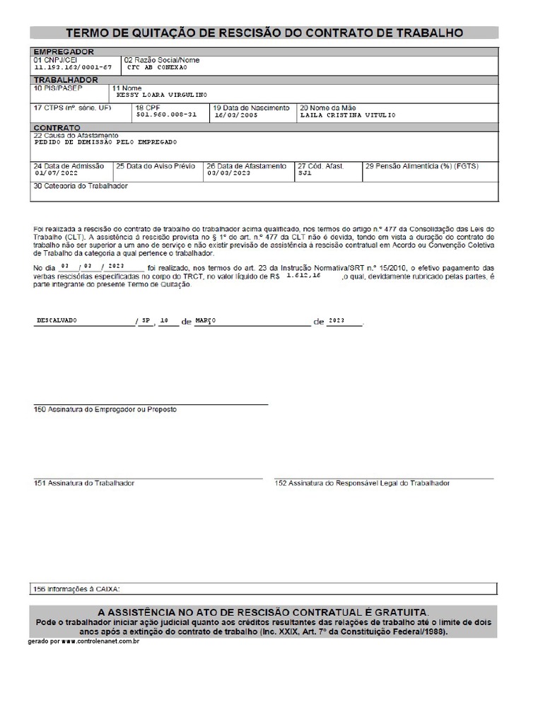 Emissao Do TRCT - Quitacao - Impressao Kessy | PDF