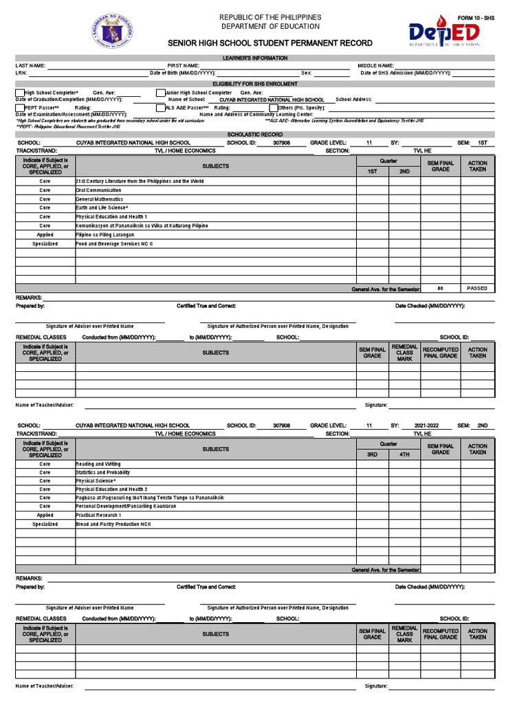 Senior High School Student Permanent Record for [Student Name] | PDF ...